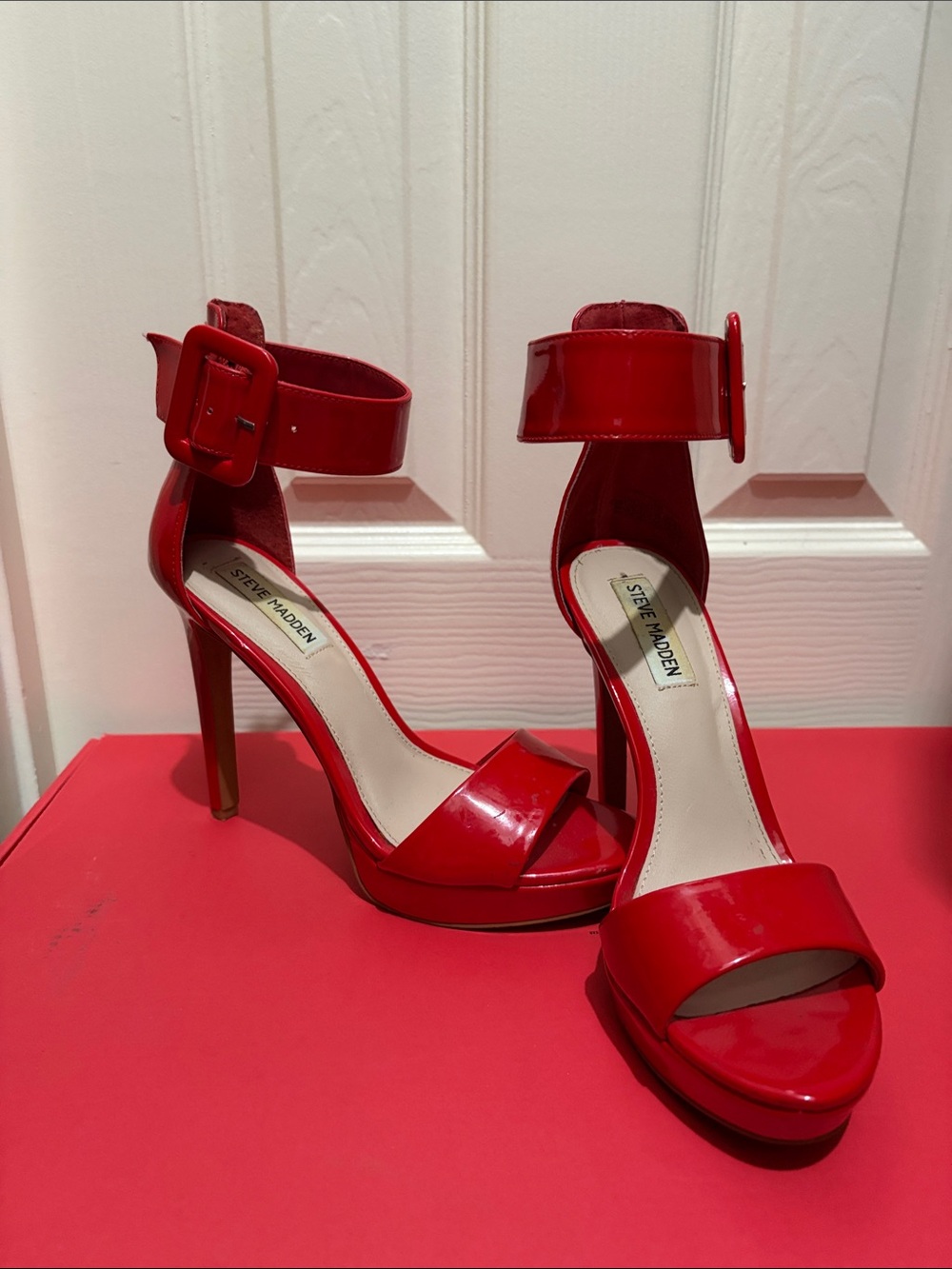Steve Madden Bright Red Patent Ankle-Strap Stilettos
